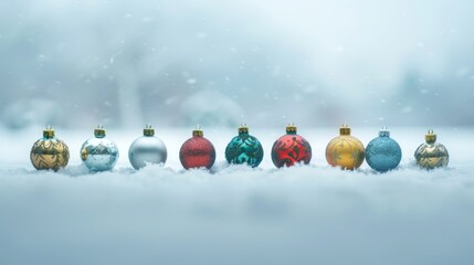 Wall Mural - A festive display of various colorful Christmas baubles lined up on fresh snow, with a gentle snowfall.