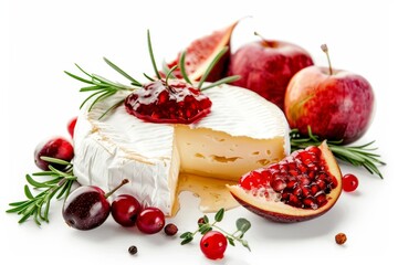 Wall Mural - Delicious baked brie with rosemary fruit jam on white background