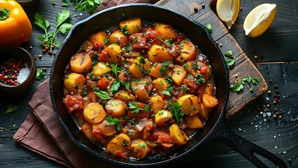 Wall Mural - Vegetable Ratatouille in a Cast Iron Pan on a Vintage Wooden Table. Concept Vegetarian Recipes, Cooking with Cast Iron, Farm-to-Table Cuisine, Mediterranean Dishes, Classic Cooking Techniques