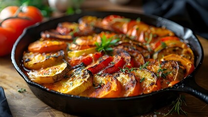 Wall Mural - Traditional Ratatouille in Cast Iron Pan on Rustic Kitchen Table. Concept Ratatouille Recipe, Cooking in Cast Iron, Rustic Kitchen Décor, Traditional French Cuisine, Vegetable Medley Dish