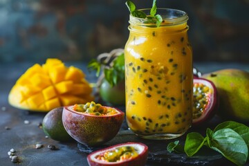 Wall Mural - Mango passion fruit smoothie in glass jar fresh fruits on dark background