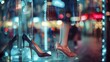A hazy and outoffocus view of a fashion boutique showcases a collection of luxurious highheeled shoes and sleek handbags hinting at the latest trends and musthave items for the season. .