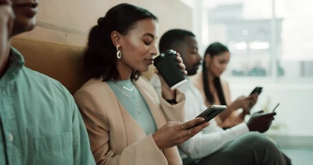 Canvas Print - Business people with smartphone in waiting room for job interview, with opportunity, internet and patience at creative agency. Recruitment, men and women at startup with tech, connection and relax.