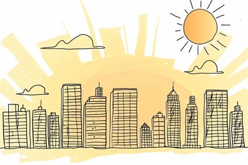 Wall Mural - Cartoon cute doodles of a city skyline, with buildings and skyscrapers outlined against the golden glow of the setting sun, Generative AI