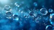 Bright blue bubbles in water with a molecular structure, glassy texture, and light blue hue for design applications such as backgrounds, covers, posters, banners, PPT presentations, KV design, and wal