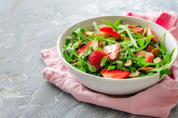 Poster - Organic salad with arugula strawberries swiss chard almonds in white bowl on pink napkin