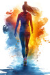 colorful watercolor shadow of slender sporty woman running sublimation clipart isolated on white,
