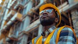 Fototapeta  - Focused african construction manager stands with conviction at a building site, wearing a safety helmet, reflective vest, and protective sunglasses.