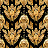Fototapeta Kwiaty - Art Deco inspired gold leaf pattern on a dramatic black background