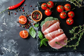 Wall Mural - Top view of ham cherry tomatoes red pepper and herbs on black slate board