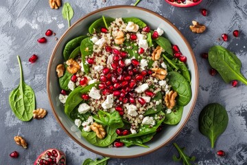 Canvas Print - Top view of quinoa salad with spinach feta walnuts pomegranate and cranberries