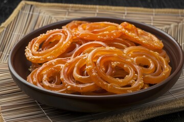 top view of traditional dessert jalebi on a plate isolated on a mat