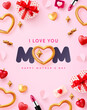 Mother's day banner with MOM word and golden cute heart and love and cute elements on pink background.Poster or banner template for Love Mom and Mother's day concept.Vector illustration eps 10