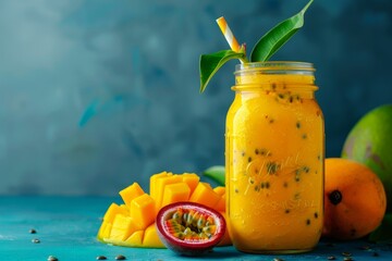 Wall Mural - Tropical smoothie with mango and passionfruit in a mason jar fresh fruit on a blue background