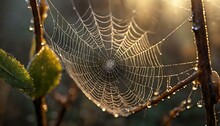 A Spider Web In Early Morning Sunlight, Light Foggy Background, Water Droplets On The Web, Mystic Light