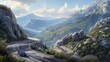 A car navigating hairpin bends on a scenic mountain highway, overlooking stunning vistas