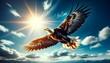 A bald eagle soars with majestic wings spread wide against a clear blue sky