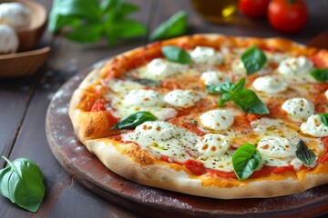 Canvas Print - Homemade Italian Pizza Margherita with buffalo mozzarella and fresh basil