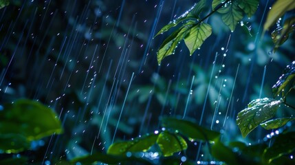 Poster - A close-up of rain-soaked foliage under a shower of shooting stars, evoking a surreal harmony of earth and sky.