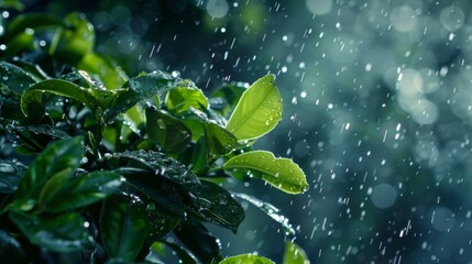 Poster - A close-up of raindrops splashing onto vibrant green leaves in the moonlight