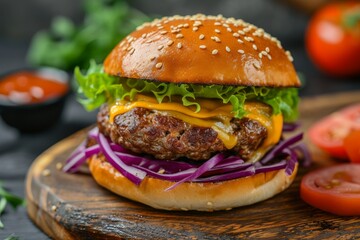 Wall Mural - Image of a delicious crispy chicken burger on a wooden platter with melted cheese red cabbage lettuce and sauce
