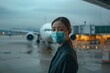 Image of masked flight attendant at airport terminal with aircrafts ready for departure