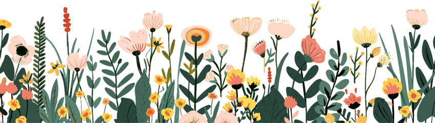 Wall Mural - spring meadow flowers border vector illustration with flat design
