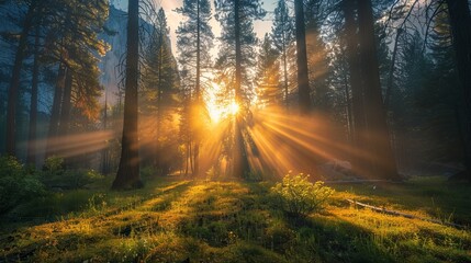 Wall Mural - A sun rays shine through the trees in a forest.