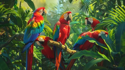 Poster - A group of colorful macaws perched in the canopy of a tropical rainforest, their vibrant plumage adding a splash of color to the verdant foliage.