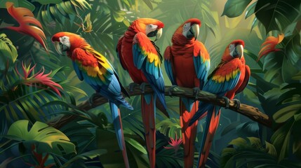 Poster - A group of colorful macaws perched in the canopy of a tropical rainforest, their vibrant plumage adding a splash of color to the verdant foliage.