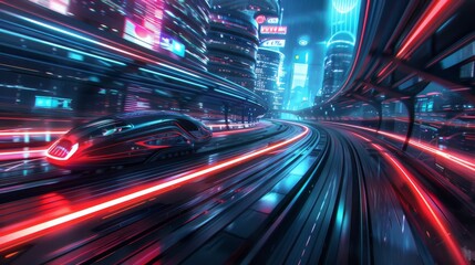 Aufkleber - A high-speed train racing through a futuristic cityscape, with sleek architecture and neon lights flashing by in a blur of motion.