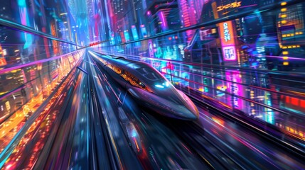 Aufkleber - A high-speed train racing through a futuristic cityscape, with sleek architecture and neon lights flashing by in a blur of motion.