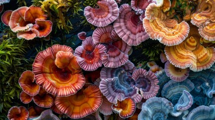 Poster - A macro shot capturing the intricate details of colorful fungi flourishing in the wilderness