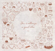 Card with tea party doodles on vintage background with place for your text. Vector sketch illustration.