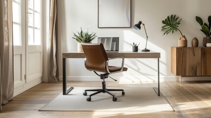 A minimalist home office with a sleek desk, ergonomic chair, and minimal decor, providing a focused and clutter-free workspace.