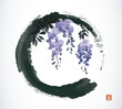 Ink painting of blooming wisteria. Traditional oriental ink painting sumi-e, u-sin, go-hua in black enso zen circle. Translation of hieroglyph - bloom