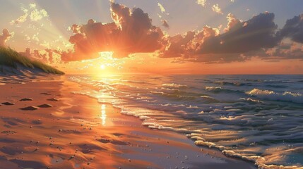 Poster - A peaceful beach scene with the sun rising over the ocean, casting a warm glow