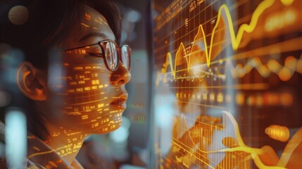 Aufkleber - A person analyzing a golden stock market graph projected on a transparent screen