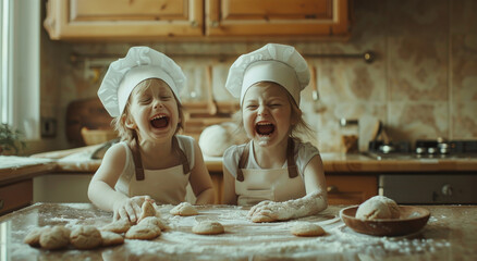 two children wearing aprons and chef hats, laughing while baking cookies in the kitchen at home