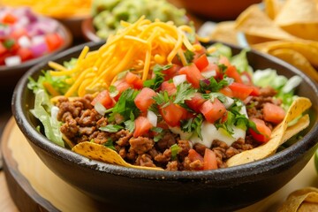 Poster - Mexican food with pork guacamole sour cream pico de gallo and cheddar cheese