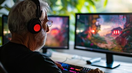 Elderly male gamer with headphones playing video games on two monitors in a home setting, illustrating technology's ageless appeal.