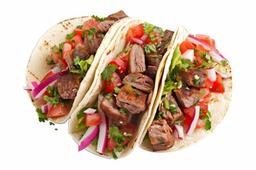 Wall Mural - Mexican style tacos featuring meat and vegetables seen against a white backdrop