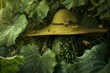 Beneath a patchwork of leaves, a shy cucumber wears a speckled sunhat, peeking out timidly at the buzzing bees above