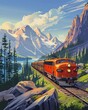 © Natalia - Vector illustration of a vintage train journey through the Rocky Mountains, showcasing historical locomotives, rugged landscapes, and the romance of rail travel
