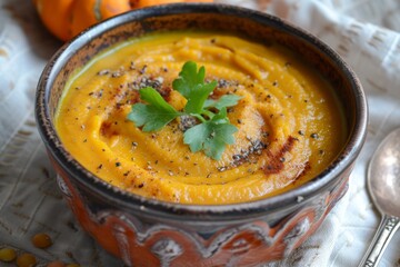 Wall Mural - Pumpkin carrot soup with lentils ginger and chili