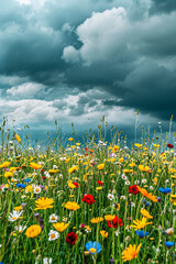 Wall Mural - A field of flowers with a cloudy sky in the background