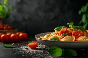 Sticker - Ravioli with tomato sauce and basil on a dark surface