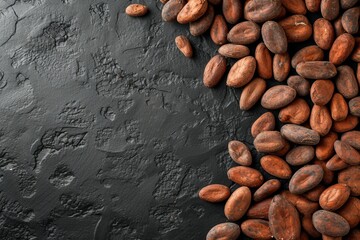 Wall Mural - Raw cocoa beans lie on a concrete background ready for cocoa production and health drinks