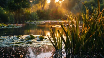 Poster - A serene garden scene with dew-covered plants reflecting the dawn sky