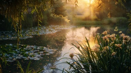 Poster - A serene garden scene with dew-covered plants reflecting the dawn sky